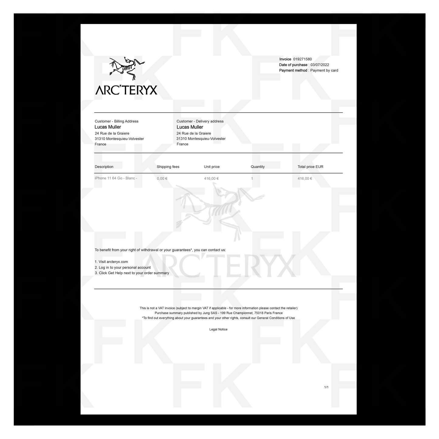 ARCTERYX PAPER RECEIPT