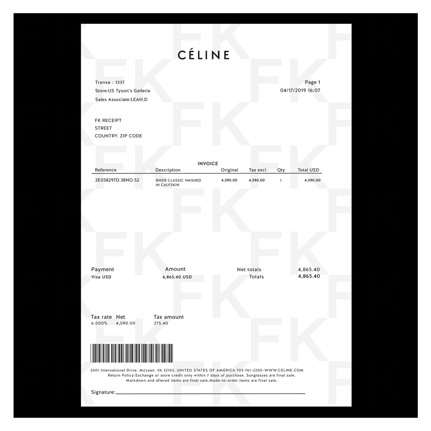 CELINE PAPER RECEIPT