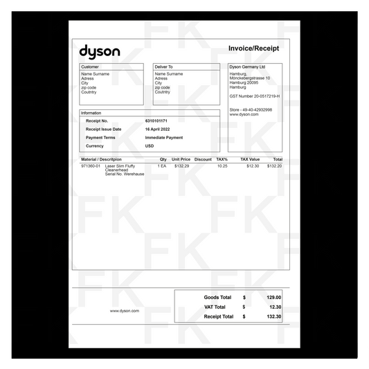 DYSON PAPER RECEIPT